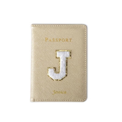 Custom Name Leather Letter Patch Passport Cover, Chenille Letter Patch Passport Cover with Sequins Initial, Birthday Gift for Traveler/Friends/Family