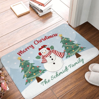 Personalisierte süße Schneemann-Weihnachtsbaum-Fußmatte, individuelle Flanell-Fußmatte, Eingangsdekoration, Schneemann-Accessoire, Weihnachtsgeschenke, Geschenke für Freunde/Familie