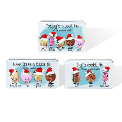 Lustige Keksdose mit personalisiertem Namen, personalisierter Familien-Weihnachtsschmuck, Cartoon-Snackdose, Keks-Aufbewahrungsdose, Weihnachtsgeschenke für Kinder/Freunde/Oma