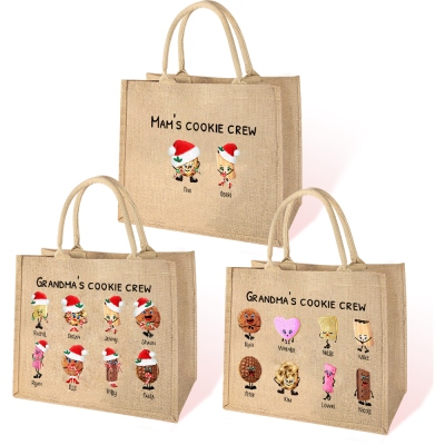 Borsa di iuta personalizzata per biscotti natalizi per la famiglia, borsa con personaggi di biscotti carini, borsa della spesa con manici, regalo di compleanno/Natale per donna/lei/famiglia