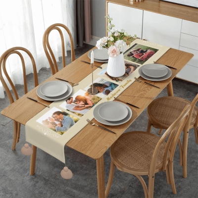 Personalisierter Tischläufer mit Familienfoto, Tischläufer mit individuellem Namen, Tischaccessoires, Erinnerungsgeschenke, Einweihungsgeschenke, Geschenke für Mama/Paare/Familie