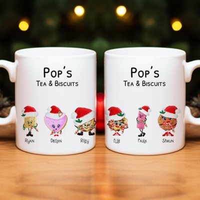 Tasse en céramique de biscuits de noms de famille personnalisés, tasse à café bicolore de personnage de biscuit, tasse créative de thé et de biscuit, cadeau de Noël pour les grands-parents/famille