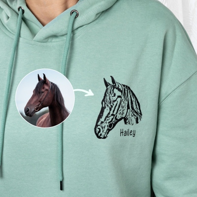 Anpassad 1-3 hästar porträtt tröja med namn, personlig hoodie för hästlinjekonst, män & kvinnor unisex, present till hästälskare/ägare