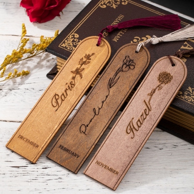 Custom Name Birth Flower Bookmark with Tassel, Personalized Wooden Floral Engraved Bookmark, Mother's Day/Christmas Gift for Mom/Grandma/Women