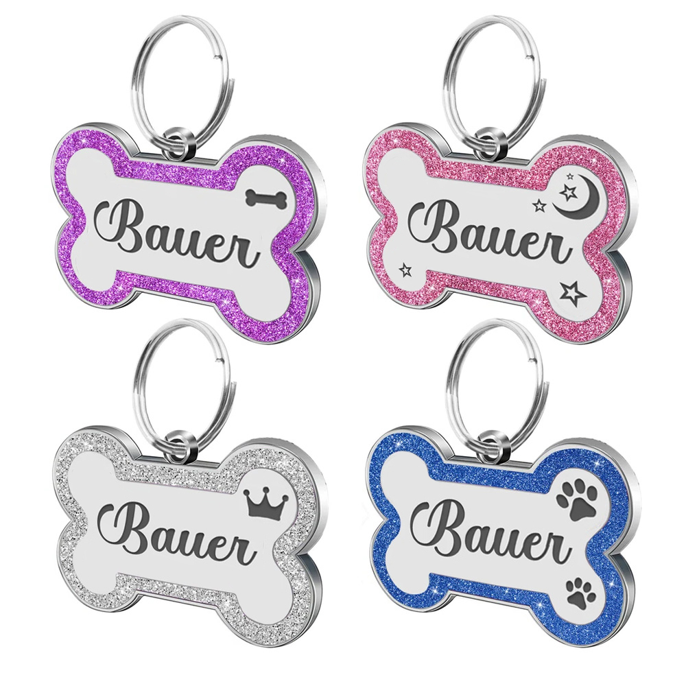 Bone Glitter Personalized Dog Tag Engraved+Ring Pet Puppy Cat ID Name Collar  Tag