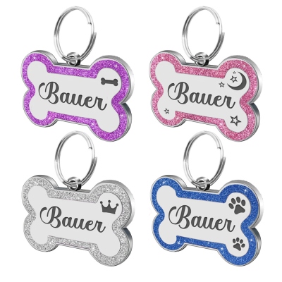 Custom Name Glitter Dog Tag, Stainless Steel DIY Engraved Bone Shaped Pet ID Tag, Puppy Dog Collar Tag, Gift for Pet Lover/Owner