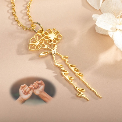 Personalisierte Halskette mit 2 Geburtsblumen und Namen, Sterlingsilber 925, Damenschmuck, Geburtstags-/Jahrestag-/Weihnachtsgeschenk für Liebhaber/beste Freundin/Familie