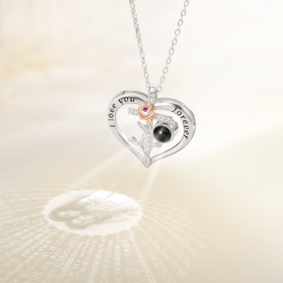 Custom Photo Projection Necklace, S925 Rose Cross Heart Pendant with I Love You in 100 Languages, Anniversary/Valentine's Day Gift for Women/Her