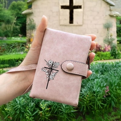 Personalized Cross Birth Flower Tri-Fold Wallet, Vegan Leather Purse, RFID Wallet with Coin, Custom Name Card Holder, Birthday Gift for Women/Girls