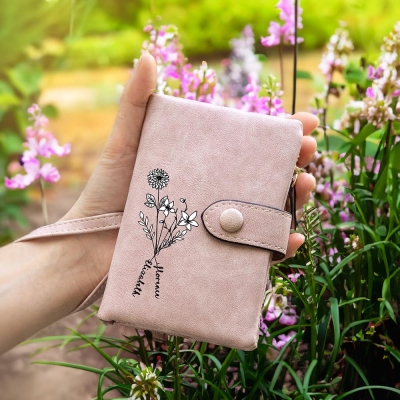 Mini Portefeuille En Cuir Personnalisable - Fleur De Naissance, Fermeture éclair, Nom Gravé - Compact 12.5x9.5cm Pour Femmes Et Filles