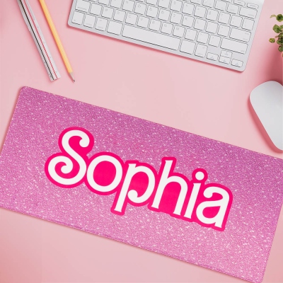 Personlig rosa skrivbordsmatta, glitterrosa bakgrundsmusmatta för bärbar dator, kontorstillbehör för Pinky Girl, examen/kontorspresent för kvinnor/flickor