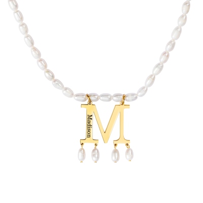 Collana di perle con ciondolo iniziale in oro personalizzato, collana girocollo di perle, collana di Anna Bolena, regalo di gioielli da damigella d'onore, regali di laurea/festa della mamma