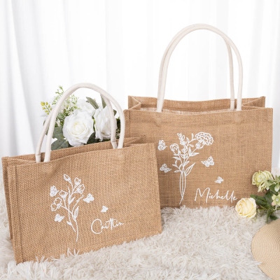 Custom Birth Flower Burlap Tote Bags, Bachelorette Jute Bags with Handles, Bridal Shower/Wedding Favors, Gifts for Mother/Bridesmaids/Teachers/Friends