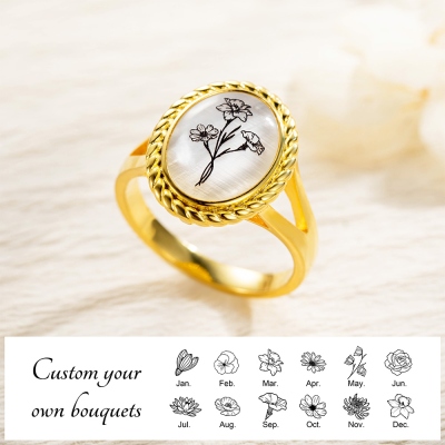 Mother of Pearl Floral Engraved Signet Ring, Birthday Gift for Her, Personalized Birth Flower Bouquet Ring