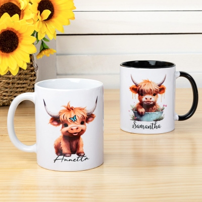 Personalized Name Highland Cattle Mug, Hot Chocolate Mug for Kid, Ceramics Coffee Mug, Birthday/Housewarming Gift, Gift for Cow Lover/Pet Lover/Family