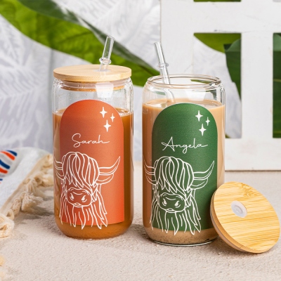 Personalized Name Highland Cow Boho Glass, 16oz Tumbler with Bamboo Lid and Straw, Iced Coffee Cup, Beer Can Glass, Gift for Cow Lover