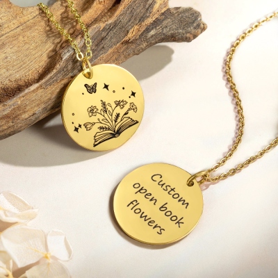 Personalized Birth Flower Bouquet & Book Necklace, Grow in Knowledge Open Book Flower Pendant, Gift for Teacher/Mother/Grandma/Sister/Book Lover