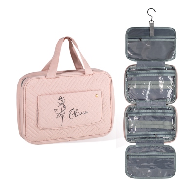 Personalisierte Kosmetik-Reisetasche mit Namen und Geburtsblume, faltbarer Make-up-Organizer, Schminktasche, hängende Kulturtasche für Frauen, Weekender-Tasche