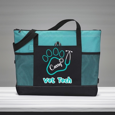 Sac fourre-tout personnalisé pour stéthoscope Vet Tech, sac fourre-tout avec nom personnalisé avec empreinte de patte, grand sac à fermeture éclair, cadeau de la semaine Vet Tech, cadeau pour vétérinaire/amoureux des animaux de compagnie