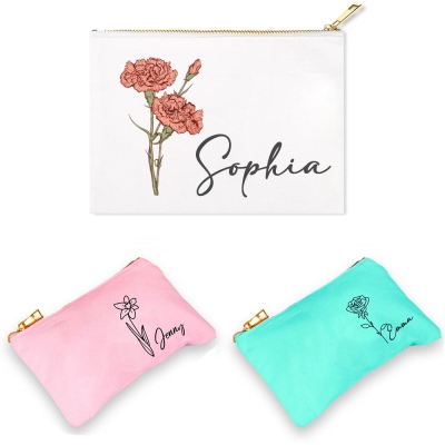 Personalized Name & Birth Flower Makeup Bag, Travel Makeup Pouch with Zipper, Weekender Bag, Birthday/Wedding Gift, Gift for Girlfriend/Friend/Mom