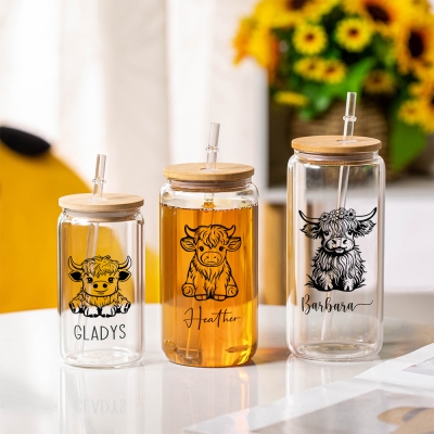 Personalized Name Highland Cow Glass Cup, Tumbler with Straw & Bamboo Lid, Iced Coffee/Tea Cup, Housewarming Gift, Gift for Cow Lover/Pet Lover/Family