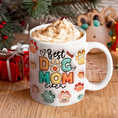 Tasse imprimée gonflée en 3D personnalisée avec nom de chien et de chat, tasse en céramique de 11 oz avec os de patte d'animal de compagnie, meilleure maman de chien de tous les temps, cadeau d'anniversaire/de Noël pour les propriétaires/amoureux d'animau