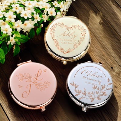 Personalized Compact Makeup Mirrors Set of 2, Engraved Pocket Travel Purse Mirrors, Beauty Salon Favors, Birthday/Bridesmaid Gifts for Girls/Women