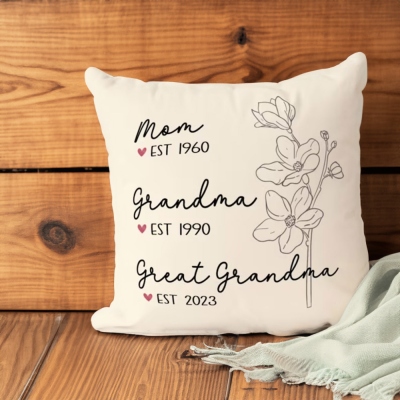 Gift for Grandparent/Mom/Family, Personalized Name & Date Floral Pillow, Mother's Day/Birthday Gift, Custom Great Grandma Pillow Case, Family Keepsake