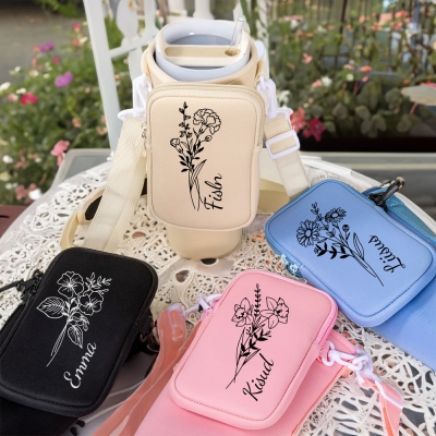 Benutzerdefinierte Namens-Geburtsblumen-Bechertragetasche mit Beutel, Becherhalterbeutel mit Griff, kompatibel mit 40-Unzen-Bechern, Outdoor-Essential, Geschenk für Frauen