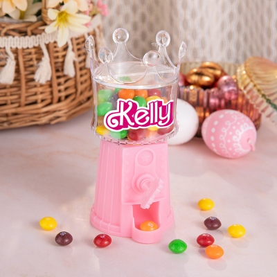 Custom Name Pink Doll Easter Candy Dispenser, Personalized Crown Shaped Candy Jar, Gashapon Candy Holder, Easter Basket Gift, Gift for Kid/Grandkid