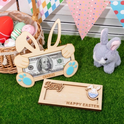 Custom Name Easter Bunny Money Holder, Personalized Wooden Easter Basket Stuffer, Adult Easter Basket Decor, Easter Gift for Kids/Teens/Family