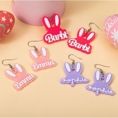Personalized Name Easter Bunny Earrings, Acrylic Pink Doll Style Earrings, Monogrammed Rabbit Ears Dangles, Birthday/Easter Gift for Women/Girls