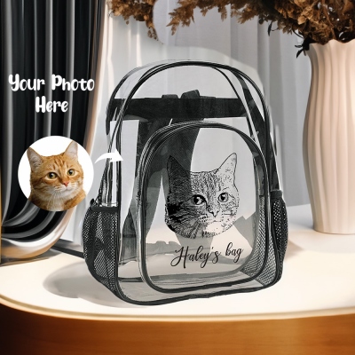 Sac à dos transparent personnalisé en PVC pour animaux de compagnie avec photo et nom, sac transparent avec nom de chat de chien, sac polochon transparent approuvé par le stade, cadeau pour les amoureux des animaux de compagnie