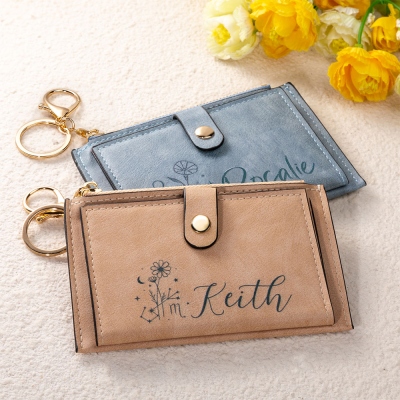 Mini portefeuille personnalisé en forme de fleur du mois du zodiaque avec nom, portefeuille en cuir PU avec porte-clés, porte-cartes, cadeau de fête des mères/Noël pour femme