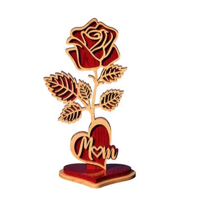 Coeur de rose en bois personnalisé avec support, coeur de rose découpé au laser, anniversaire/Saint Valentin/anniversaire/cadeau de fête des mères pour femme/maman/grand-mère