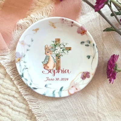 Personalized Easter Bunny Baptism Dish, Ceramic Jewelry Dish, Christening/Dedication Gift from Godparent, Goddaughter Keepsake, Easter Gift for Girls