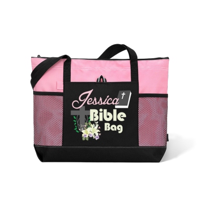 Personalized Cross & Flowers Bible Tote Bag, Custom Bible Study Bag with Mesh, Scripture Shopping Bag Handbag, Christian Gift for Woman/Friend/Family
