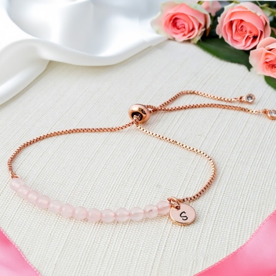 Bracelet coulissant en quartz rose personnalisé, bracelet de perles de quartz initiales, bijoux en argent sterling, cadeau de Saint-Valentin/anniversaire pour elle/petite amie