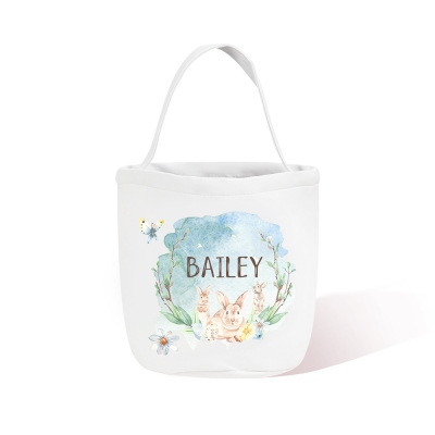 Personalized Name Easter Bunny Watercolor Bucket Bag, Custom Easter Canva Goodie Bags, Easter Basket Bag, Easter Gift for Kid/Toddler/Daughter