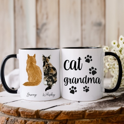 Tasse imprimée personnalisée avec dos de chat avec nom, tasse personnalisée en céramique de 11 oz pour maman de chat, tasse à café pour parent de chat, cadeau d'anniversaire/de Noël pour propriétaire de chat/amoureux de chat