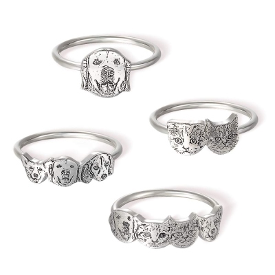 Personlig husdjursporträttring, graverad 1-4 hund-/katthuvudring, Sterling Silver 925 Pet Memorial Smycken, present till husdjursägare/djurälskare