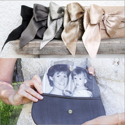 Personalized Dupioni Silk Bow Tie Clutch with Photo Lining, Custom Picture Mother of Bride Clutch, Something Old Photo Prop, Wedding Gift for Mom