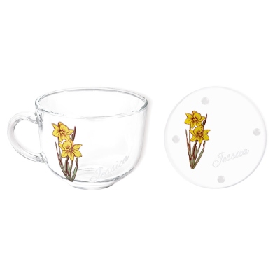 Tasse à café personnalisée en forme de fleur de naissance peinte à la main, tasse avec nom personnalisé pour expresso/latte, tasse en verre isolée avec poignée, cadeau pour demoiselle d'honneur/soeur/elle