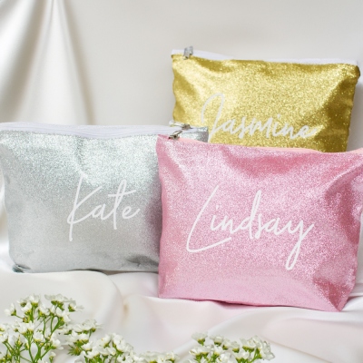 Personalized Name Glitter Makeup Bag with Zipper, Travel Toiletry Carry Pouch Cosmetic Bag, Bachelorette Party Favor, Birthday/Bridesmaid/Wedding Gift