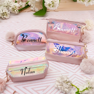 Personalized Holographic Makeup Bag, Travel Toiletry Carry Pouch Cosmetic Bag, Bachelorette Party Favor, Birthday/Bridesmaid/Wedding Gift for Her