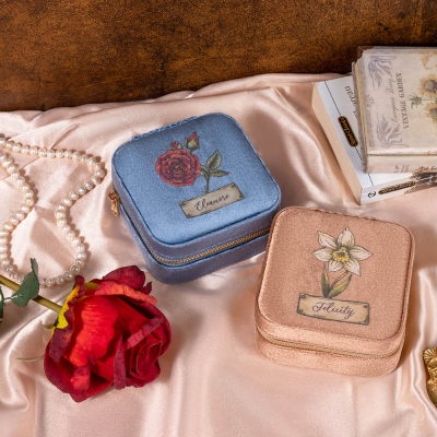 Personalized Birth Flower Velvet Jewelry Case, Custom Name Travel Jewelry Box, Bridal Party Favor, Birthday/Wedding/Anniversary Gift for Women