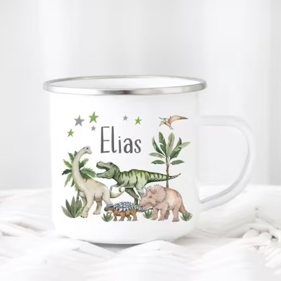 Dinosaur Cup, Personalized Enamel Mug, Children's Mug, Desired Name Watercolor Enamel or Ceramic Mug for Girl/Boy