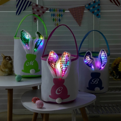 Personalized Easter Bunny Glow Basket, Custom Initial Easter Glow Ornament, Easter Candy Gift Bag, Easter Bunny Tote, Easter Gift for Kids/Family