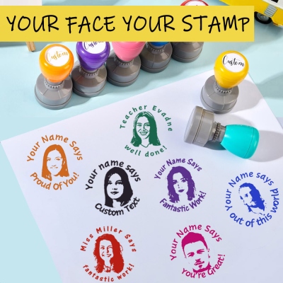 Custom Teacher Stamp for Classroom, Logo Stamps for Homework Grading, Face Portrait Stamp, Thumbs Up Stamp Self-Inking, Personalized Teacher Gifts