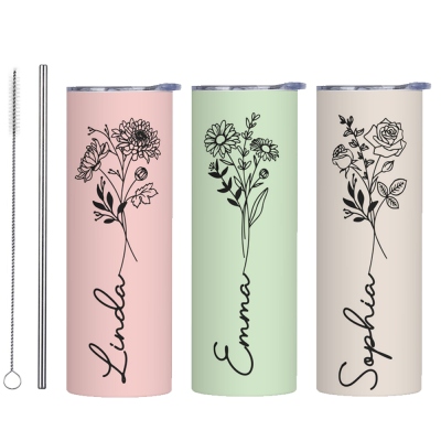 Custom Name Birth Flower Tumbler, Stainless Steel 20oz Birth Flower Travel Mug with Straw, Birthday/Mother's Day Gift for Family/Friends/Bridesmaids